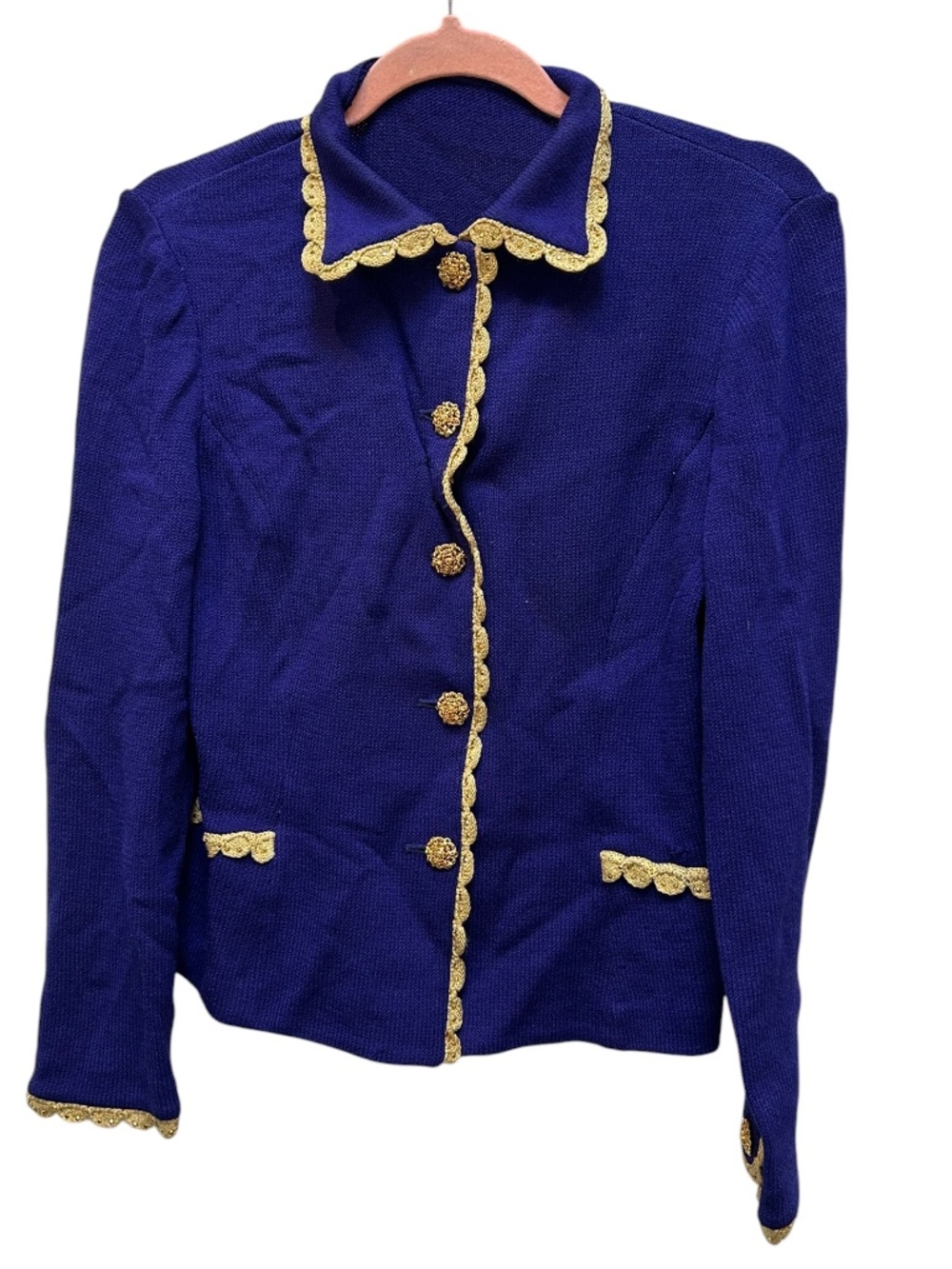 St John purple metallic gold trim gold gem buttons Santana knit jacket M